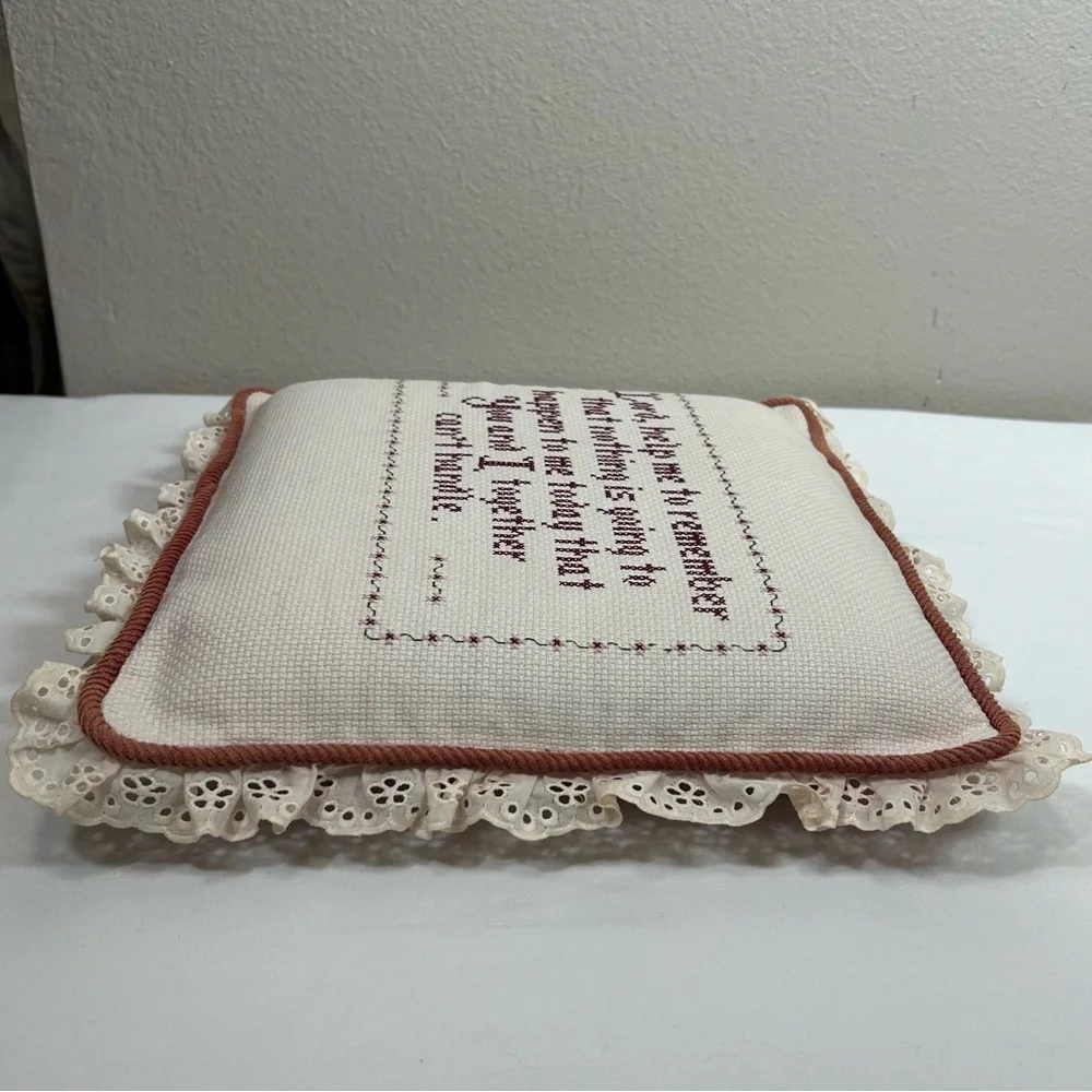 Vintage Cross Stitch Ivory Burgundy Decorative Pillow With a Prayer “Lord…
